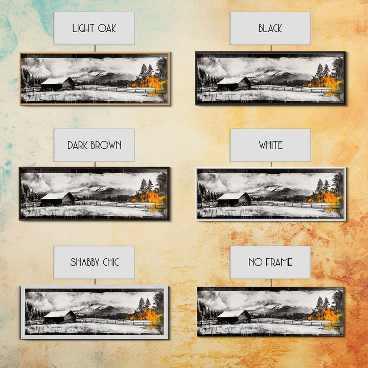 Cabin in Mountains, Rustic Winter Scene, Black and White Art, Fall Forest Accent, Cozy Lodge, Living Room Decor, Framed Canvas Print