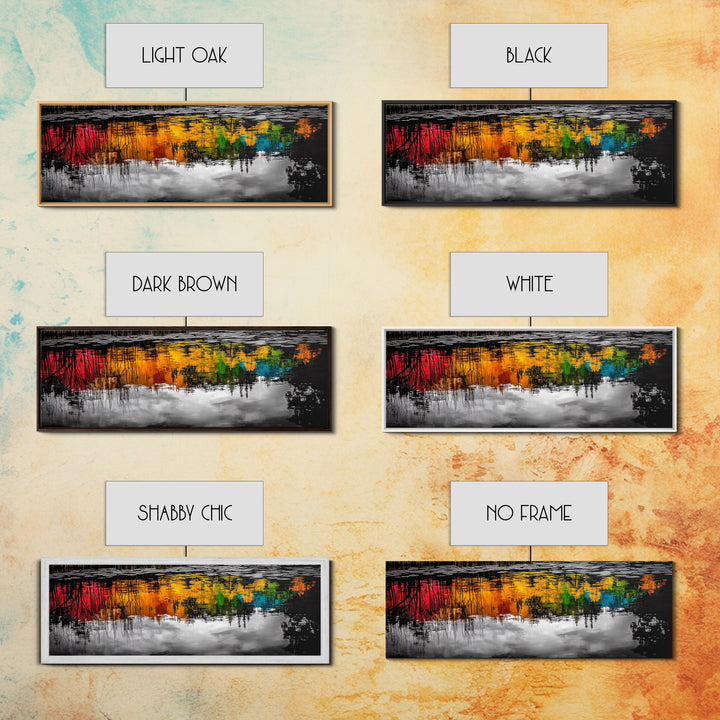 Colorful Reflection, Abstract Water Art, Nature Painting, Autumn Trees, Vibrant Colors, Black and White Contrast, Canvas Print