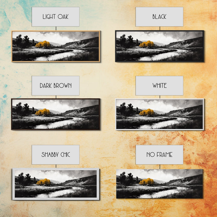 River Landscape, Rustic Nature Art, Black and White with Yellow Accent, Peaceful Scenery, Living Room Decor, Canvas Print