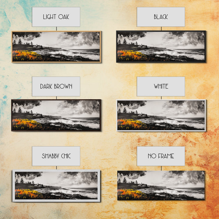 Coastal Storm, Monochrome Seascape, Bold Ocean Art, Framed Canvas Print, Black White Yellow, Living Room Wall Decor, Nautical Artwork