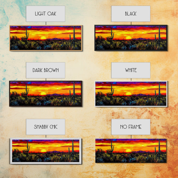Desert Sunset Art, Vibrant Cactus Painting, Warm Boho Landscape, Southwestern Wall Decor, Bold Nature Print, Framed Canvas Print