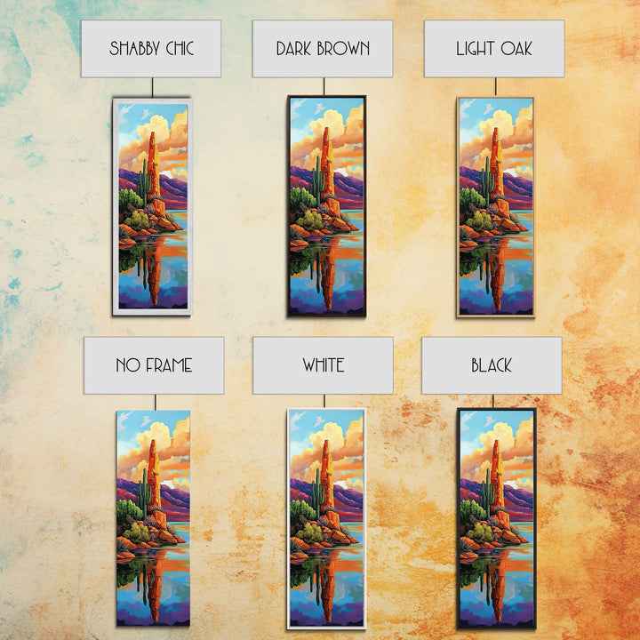 Desert Cactus, Reflection Art, Framed Canvas Print, bold southwest landscape, cacti and red rock lake scene, rustic style living room wall art