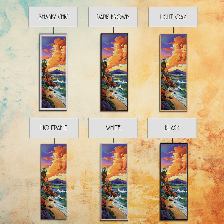 Beach Cliffs, Sunset Painting, Framed Canvas Print coastal cliffside view with crashing waves vibrant beach wall art tropical living room décor