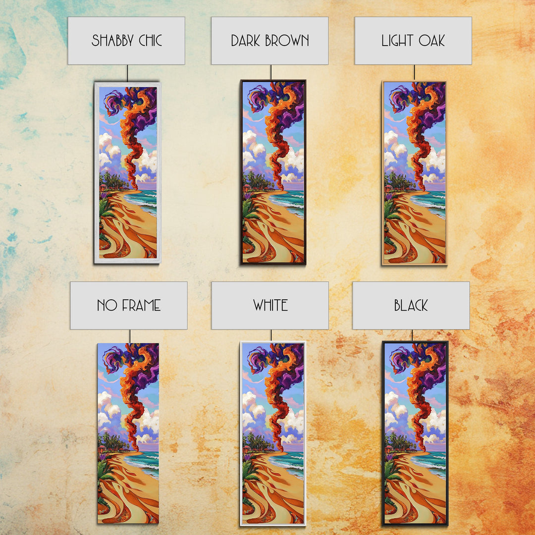 Coastal Smoke Vibes Art, Framed Canvas Print vibrant beach painting with purple and orange smoke, tropical sunset art, boho home decor