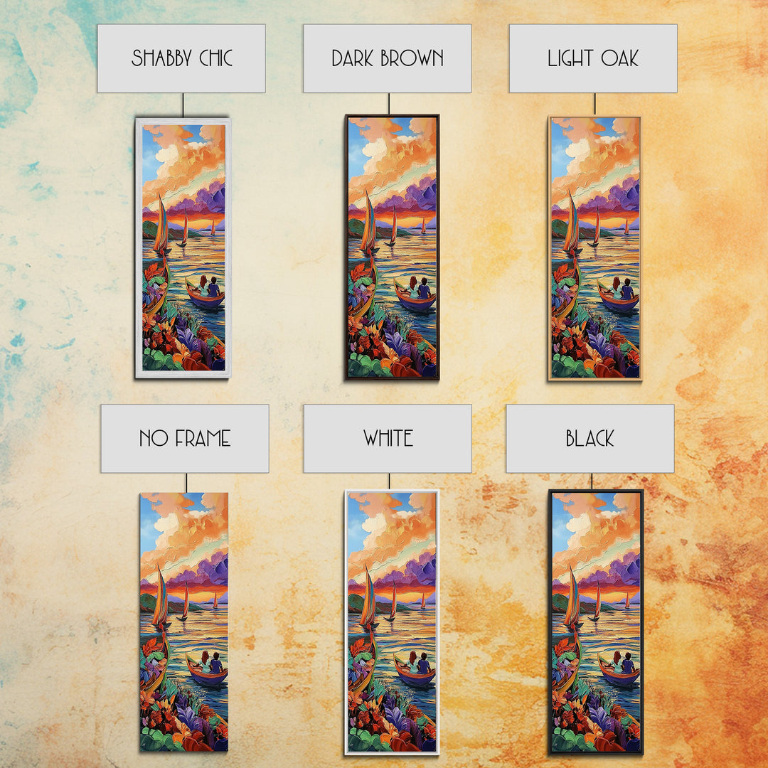 Boats Sunset, Romance Adventure, Canvas Print vibrant sailboats at sunset painting, romantic couple art, nautical wall decor, boho accent