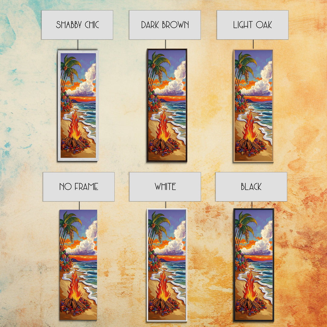 Beach Bonfire, Tropical Sunset, Palm Trees, Framed Canvas Print, coastal beach wall art, summer living room or patio decor, boho ocean vibe