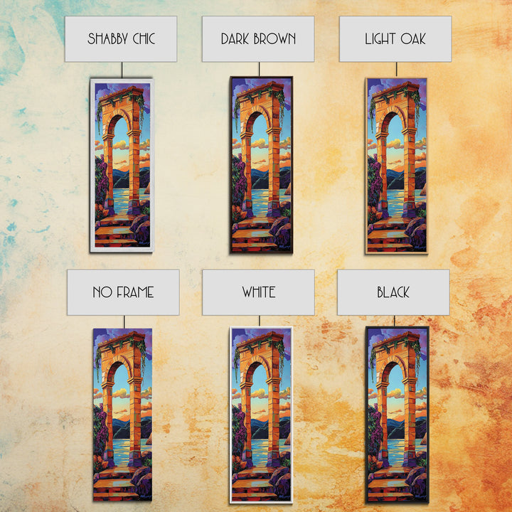 Archway, Sunset, Stone Portal, Dreamscape Framed Canvas Print, Mediterranean Wall Art, Spiritual Decor, Eclectic Entryway Accent, Sunset Painting