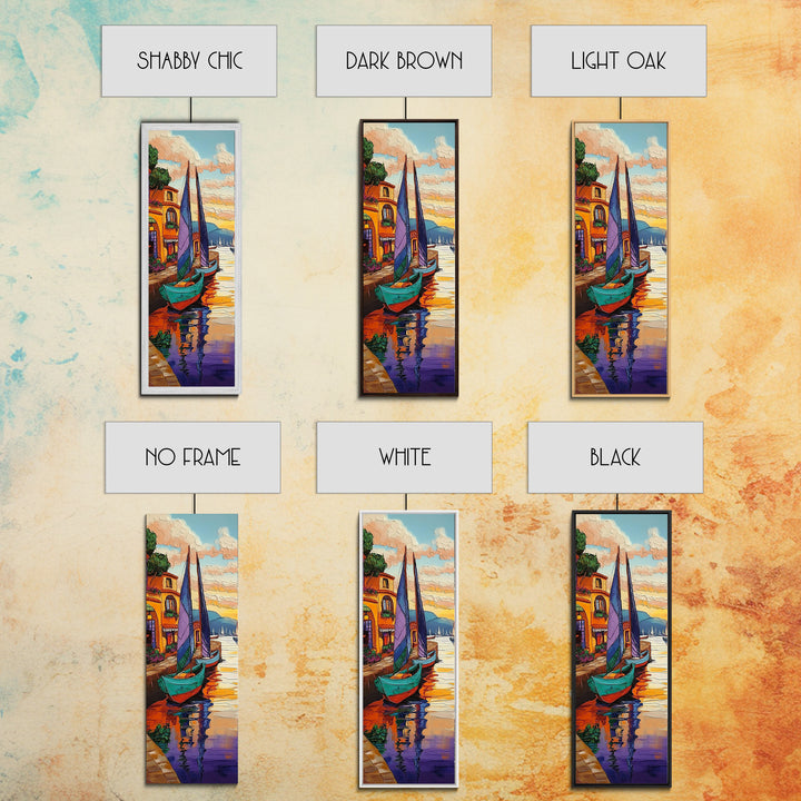 Boats, Harbor, Coastal Village, Mediterranean Scene Framed Canvas Print, Nautical Wall Decor, Vibrant Harbor Painting, Dining Room Accent Art