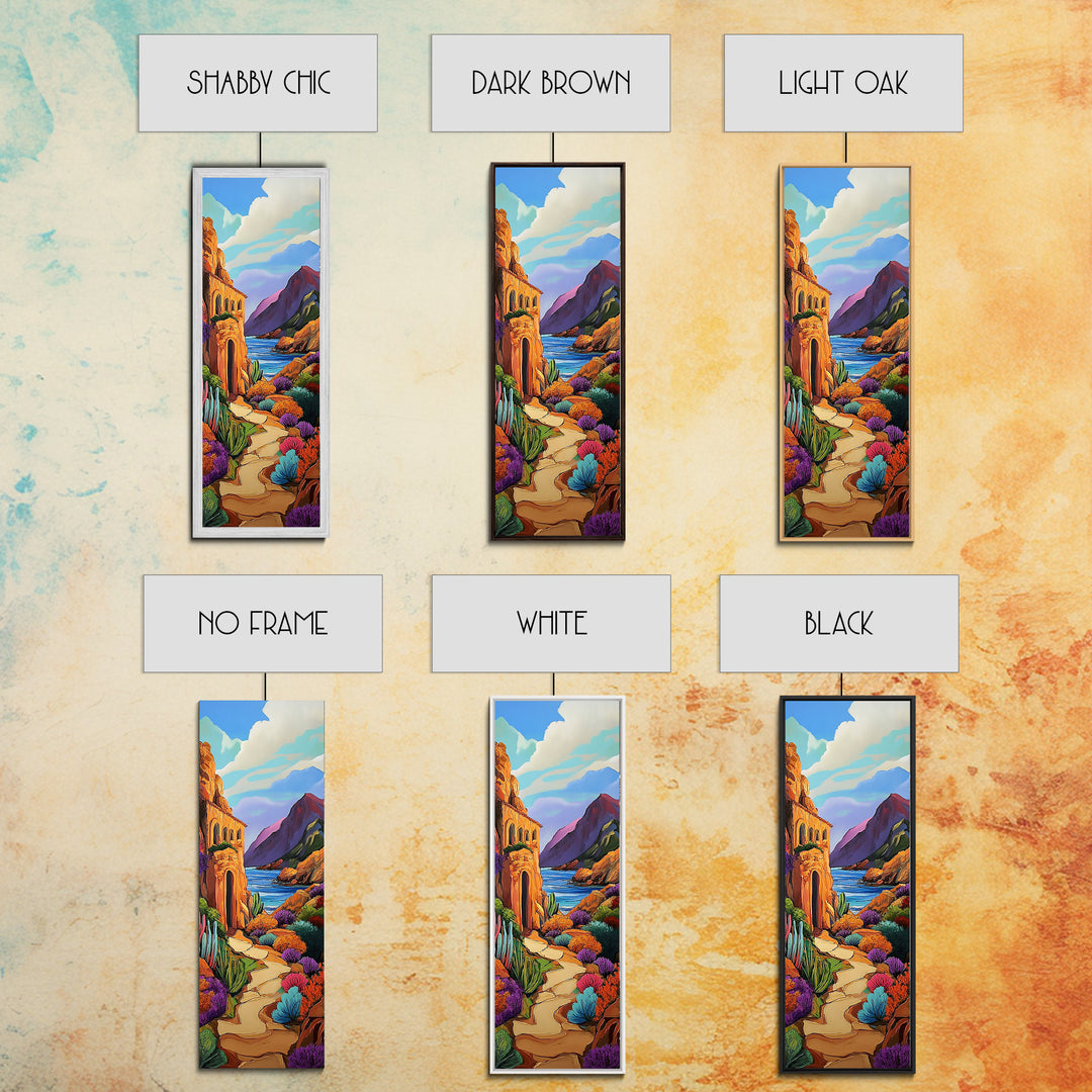 Desert, Path, Cactus, Vibes - Framed Canvas Print, Southwest Landscape Wall Art, Living Room Colorful Boho Art, Mediterranean Path Painting