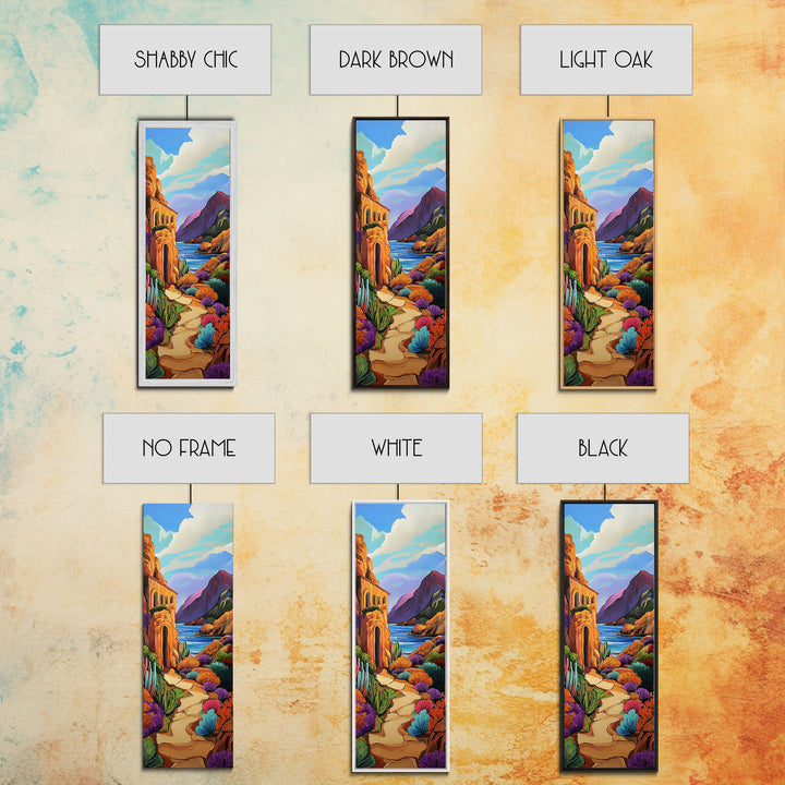 Desert, Path, Cactus, Vibes - Framed Canvas Print, Southwest Landscape Wall Art, Living Room Colorful Boho Art, Mediterranean Path Painting