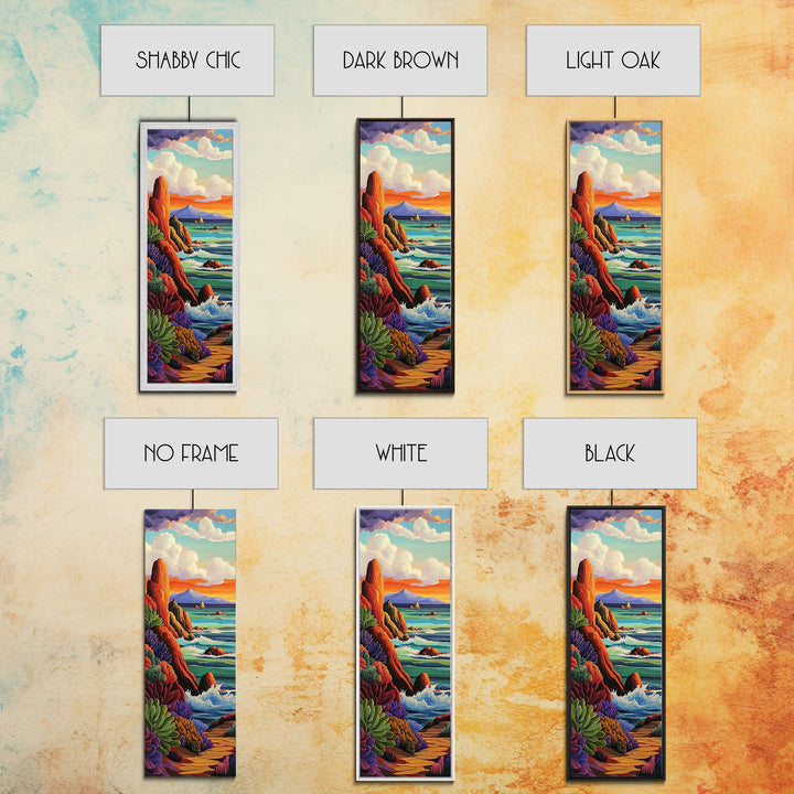 Coastal, Sunset, Seascape, Vibes, Framed Canvas Print of ocean cliffs and crashing waves, modern coastal wall art, beach house decor