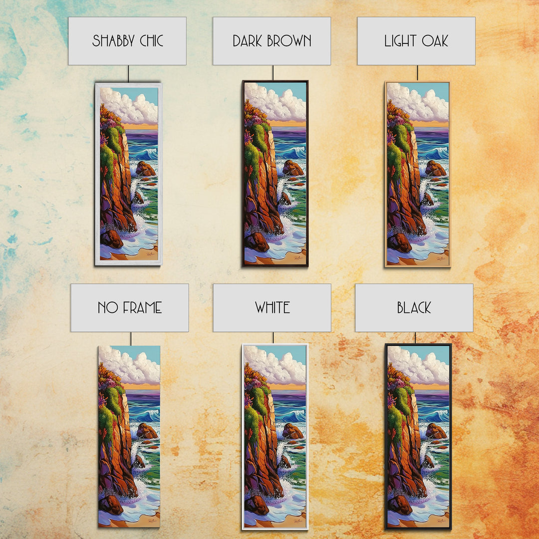 Cliff, Ocean, Waves, Nature, Framed Canvas Print of dramatic coastal waves, serene beach art, bathroom wall decor, ocean lover gift