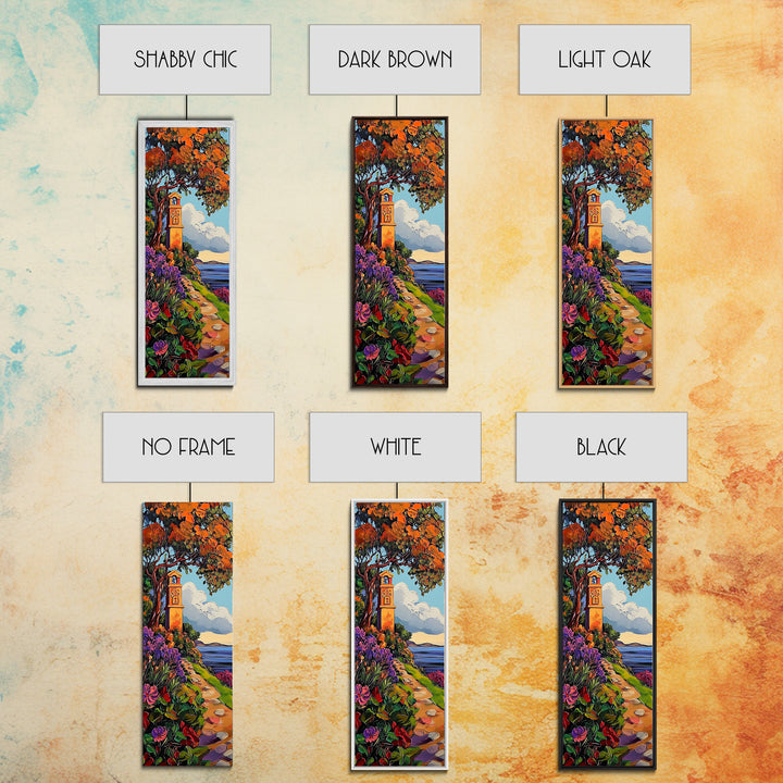 Coastal Bell Tower, Floral Pathway, Mediterranean Seaside Art, Vibrant Garden Style, Fall Home Accent, Framed Canvas Print