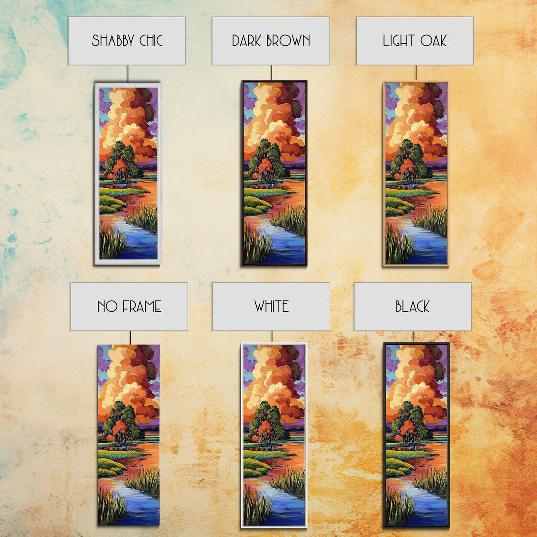 Autumn Marsh, Sunset Glow, Serene Trees, Framed Canvas Print, warm fall landscape art, peaceful country home decor, boho wall design