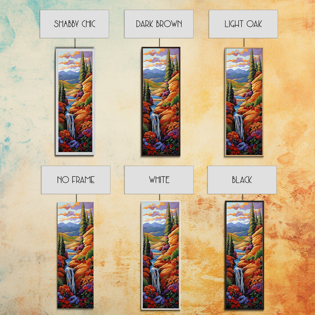 Autumn Waterfall, Flowers, Pathway, Framed Canvas Print, fall waterfall art, floral canyon decor, rustic landscape, living room wall art