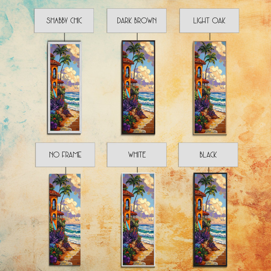 Coastal Villa, Surf, Tropics Canvas Print Mediterranean villa by the sea art, surfboard and tropical plants, boho beach decor, hallway print