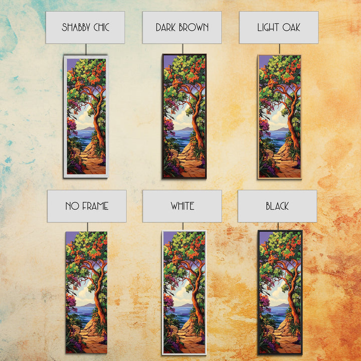 Coastal Trail,Trees,Escape — Framed Canvas Print, tropical coastal decor, beachside nature wall art, entryway or hallway boho painting