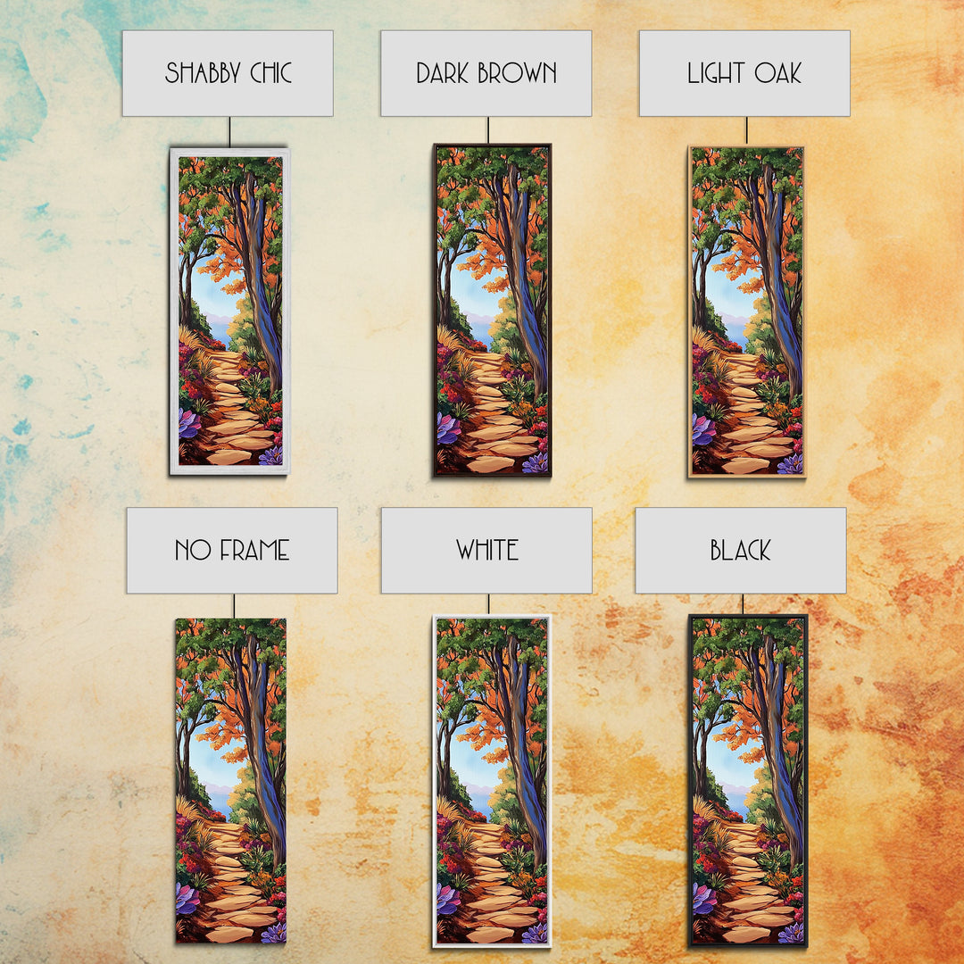 Autumn Pathway, Forest, Nature — Framed Canvas Print of scenic forest path with fall trees, cozy rustic living room wall decor, woodland art