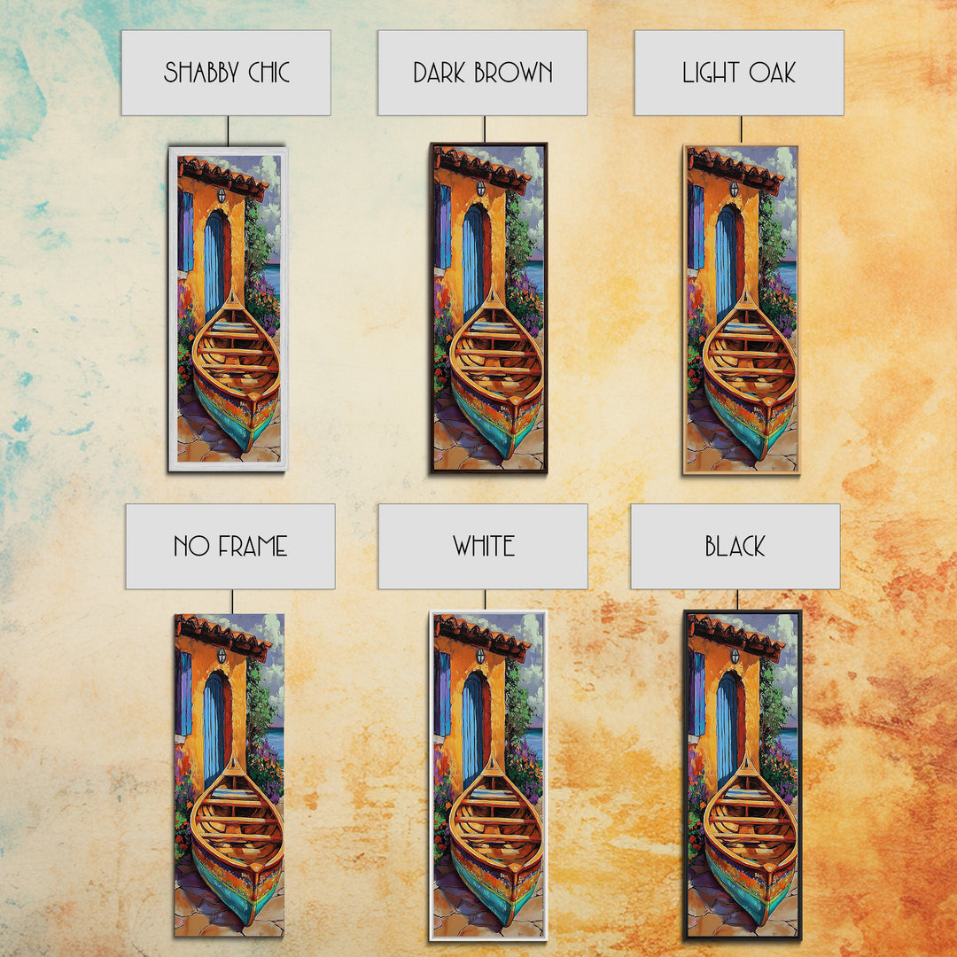 Docked Boat Flowers Villa, Framed Canvas Print, Mediterranean coastal home decor, bright rustic art, hallway wall art, summer lakehouse print