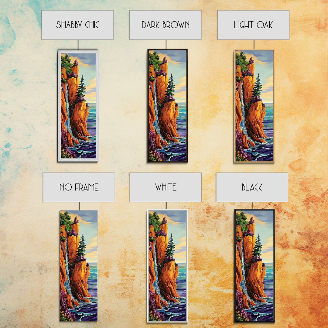 Coastal Cliffside, Waterfall, Pines - Framed Canvas Print, vibrant coastal landscape art, boho nature painting, hallway or office wall art