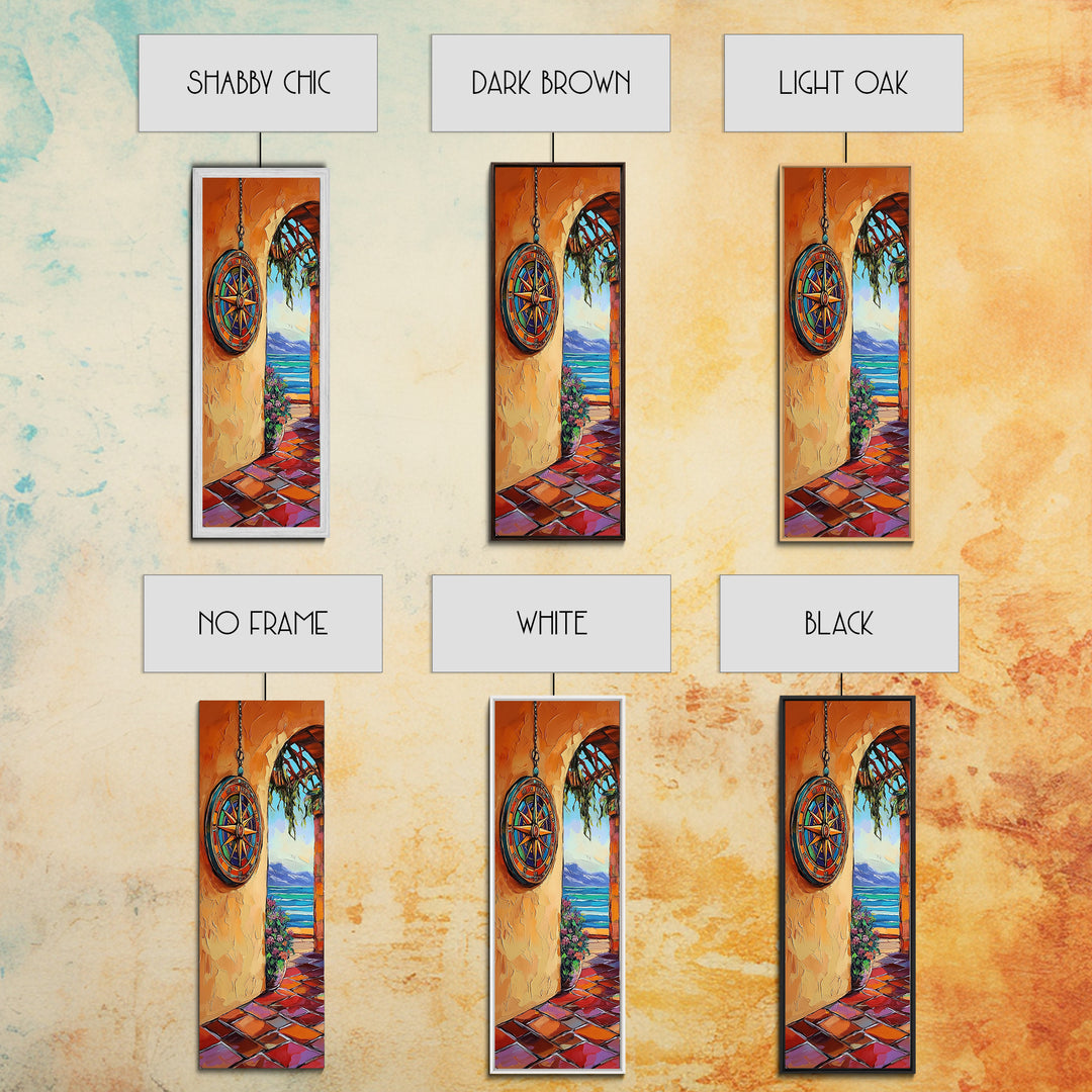 Coastal Compass, Archway View, Framed Canvas Print, Mediterranean boho home decor, nautical hallway wall art, vibrant beach escape