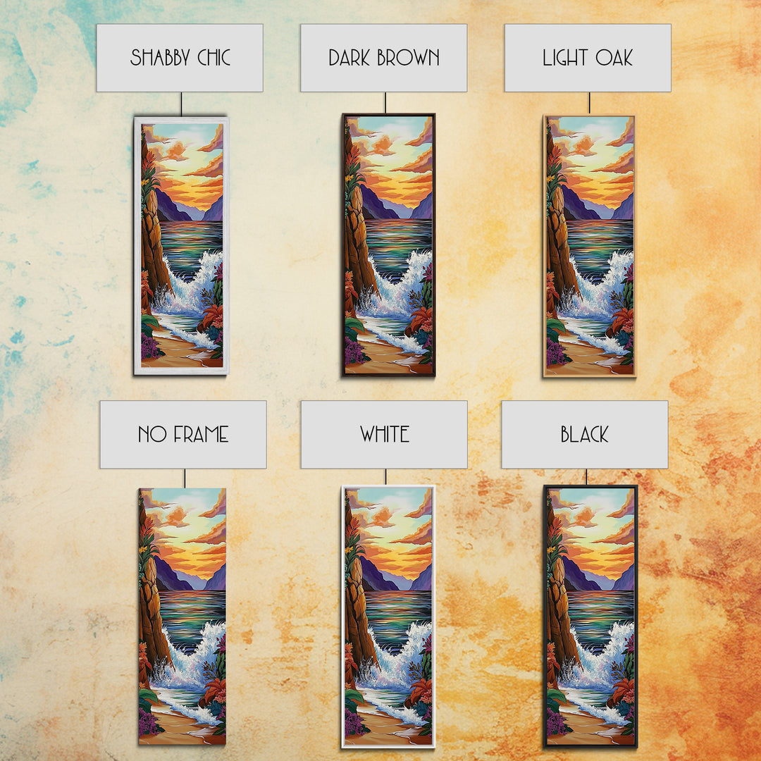 Coastal Sunset Waves Garden, Framed Canvas Print, Ocean beach sunset painting, floral wall decor, coastal fall home art, bohemian vibe