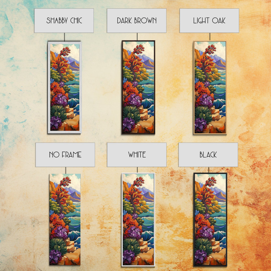 Autumn Cliff, Blossoms Ocean, Framed Canvas Print, fall coastal landscape art, mountainside floral decor, nature living room wall print