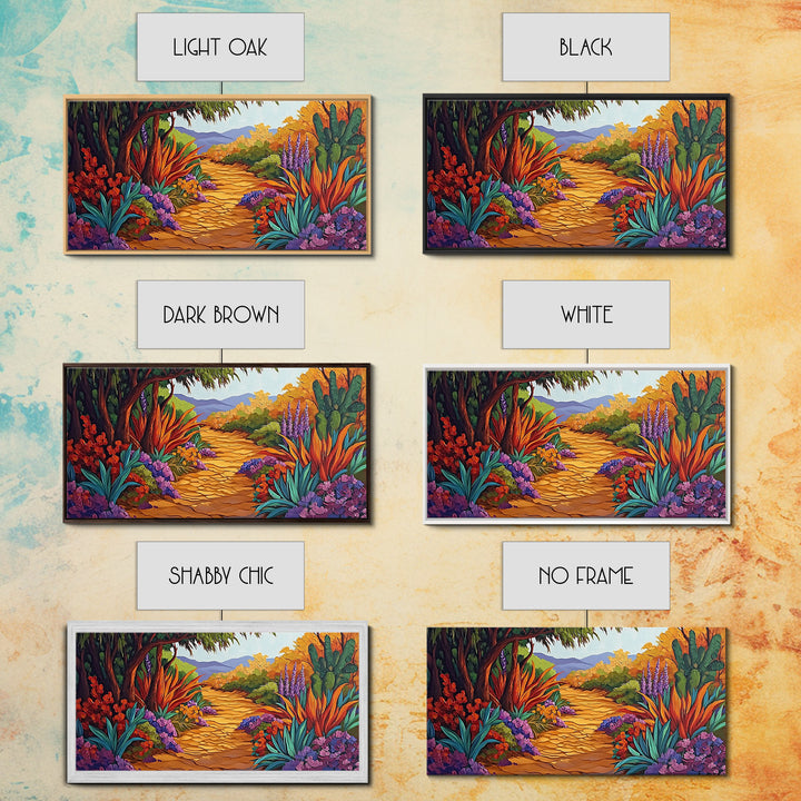 Autumn Pathway, Forest, Flowers, Framed Canvas Print fall landscape painting, nature wall art, rustic cabin decor, living room art