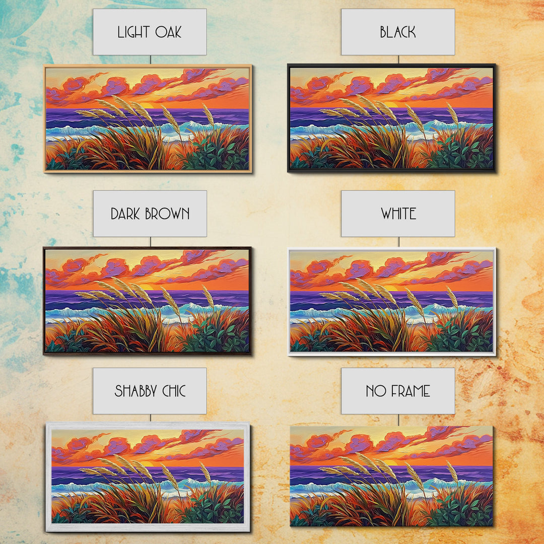 Ocean Sunset, Dunes, Seagrass, Canvas Print beach landscape wall decor, coastal art, vibrant sunset painting, tropical boho home decor