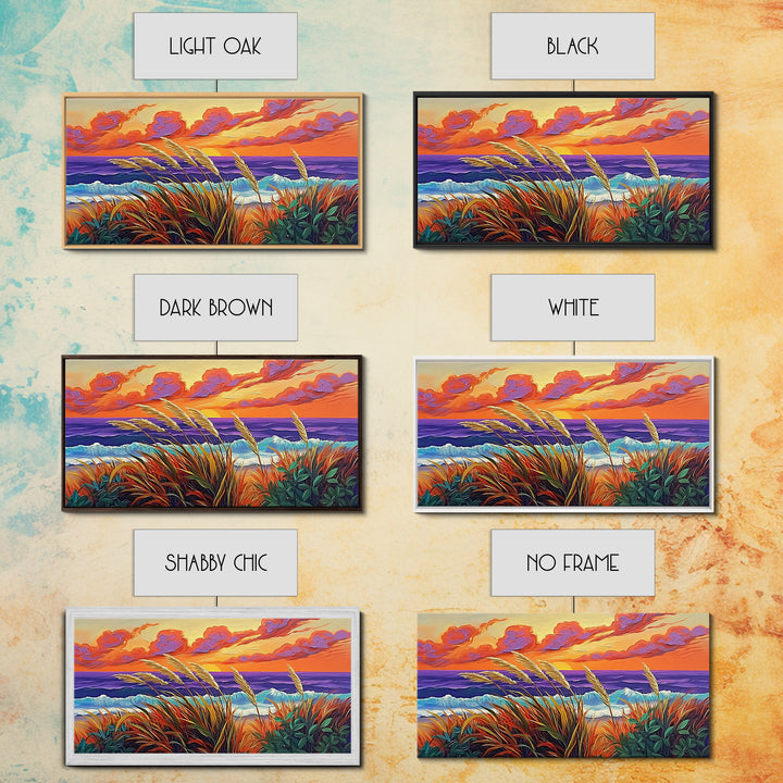 Ocean Sunset, Dunes, Seagrass, Canvas Print beach landscape wall decor, coastal art, vibrant sunset painting, tropical boho home decor