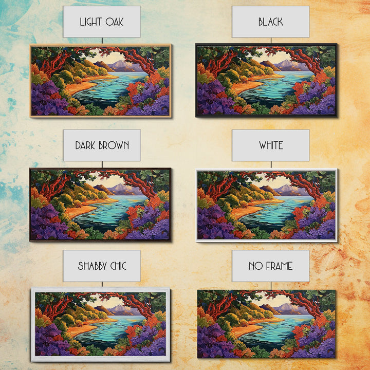 Colorful Coastal, Framed, Bright tropical coastal landscape view with water and foliage, Framed Canvas Print, living room wall art