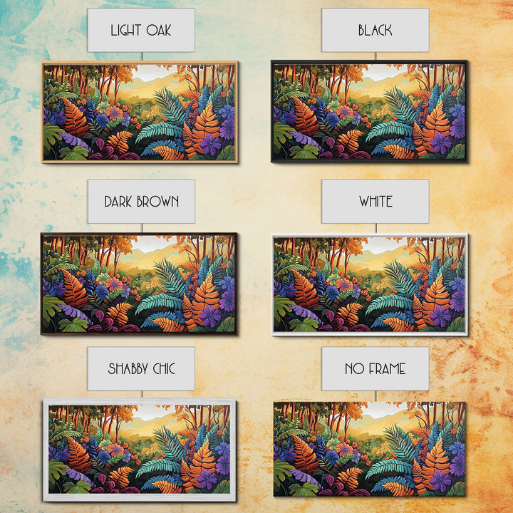 Jungle, Colorful, Leaves, Bold tropical jungle scene with vibrant foliage and golden sunlight, Canvas Print, boho bedroom wall art