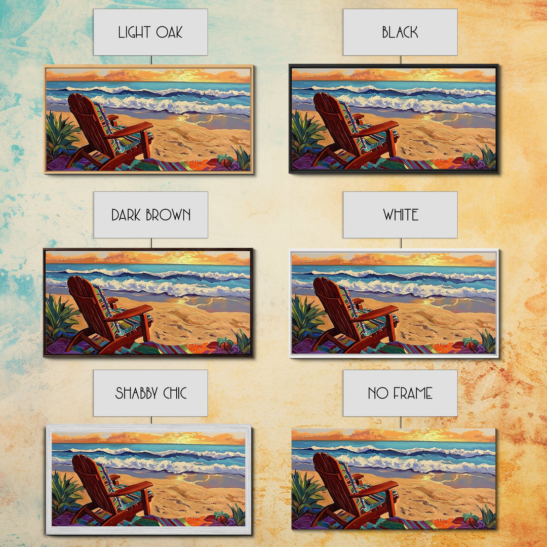 Chair Ocean, Sunset, Framed Canvas Print, Tranquil Beach Chair Painting, Relaxing Seaside Wall Decor, Zen Office Artwork