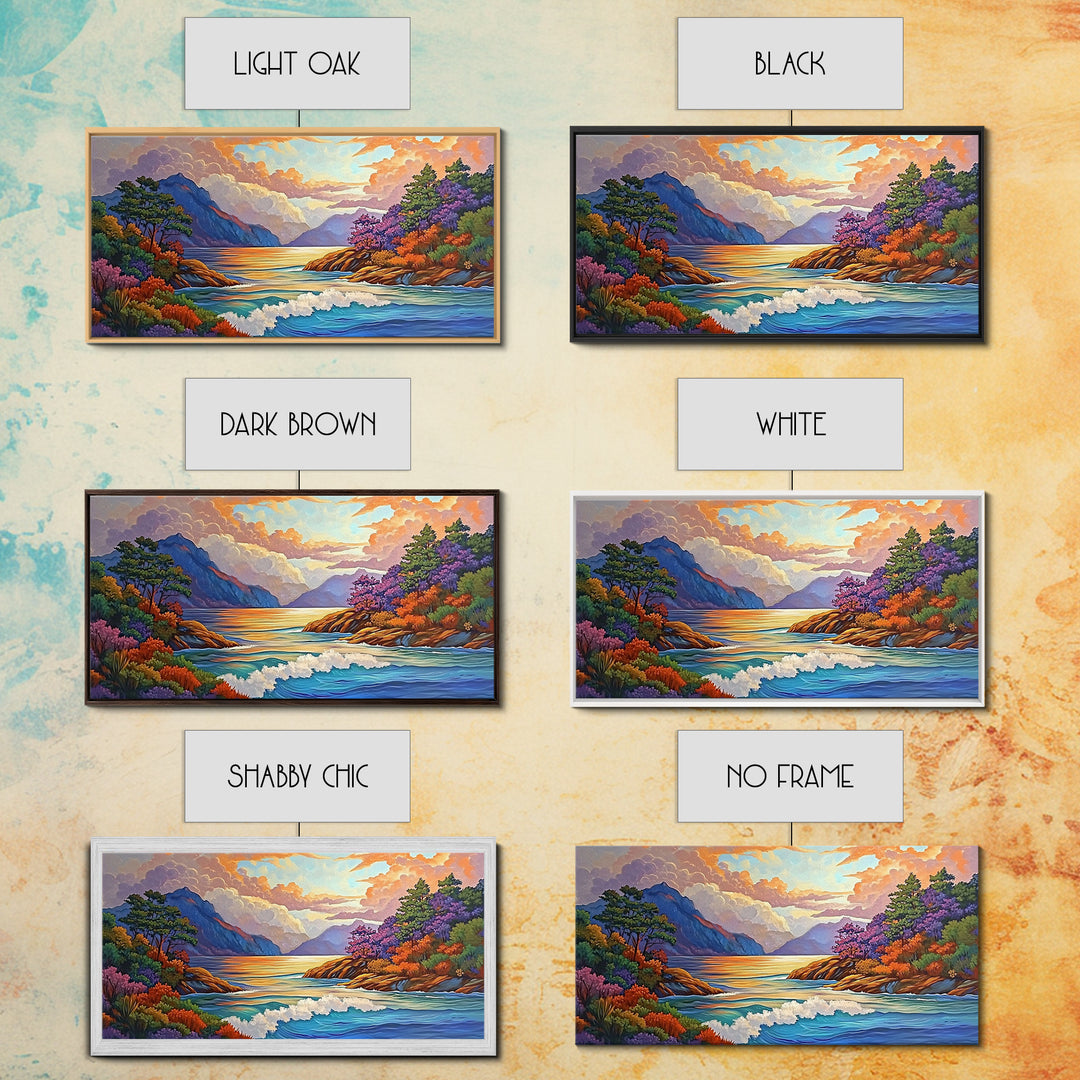 Ocean Sunset View, Vibrant Coastline, Mountain Landscape, Canvas Print, Living Room Wall Art, Colorful Seascape, Nature Painting