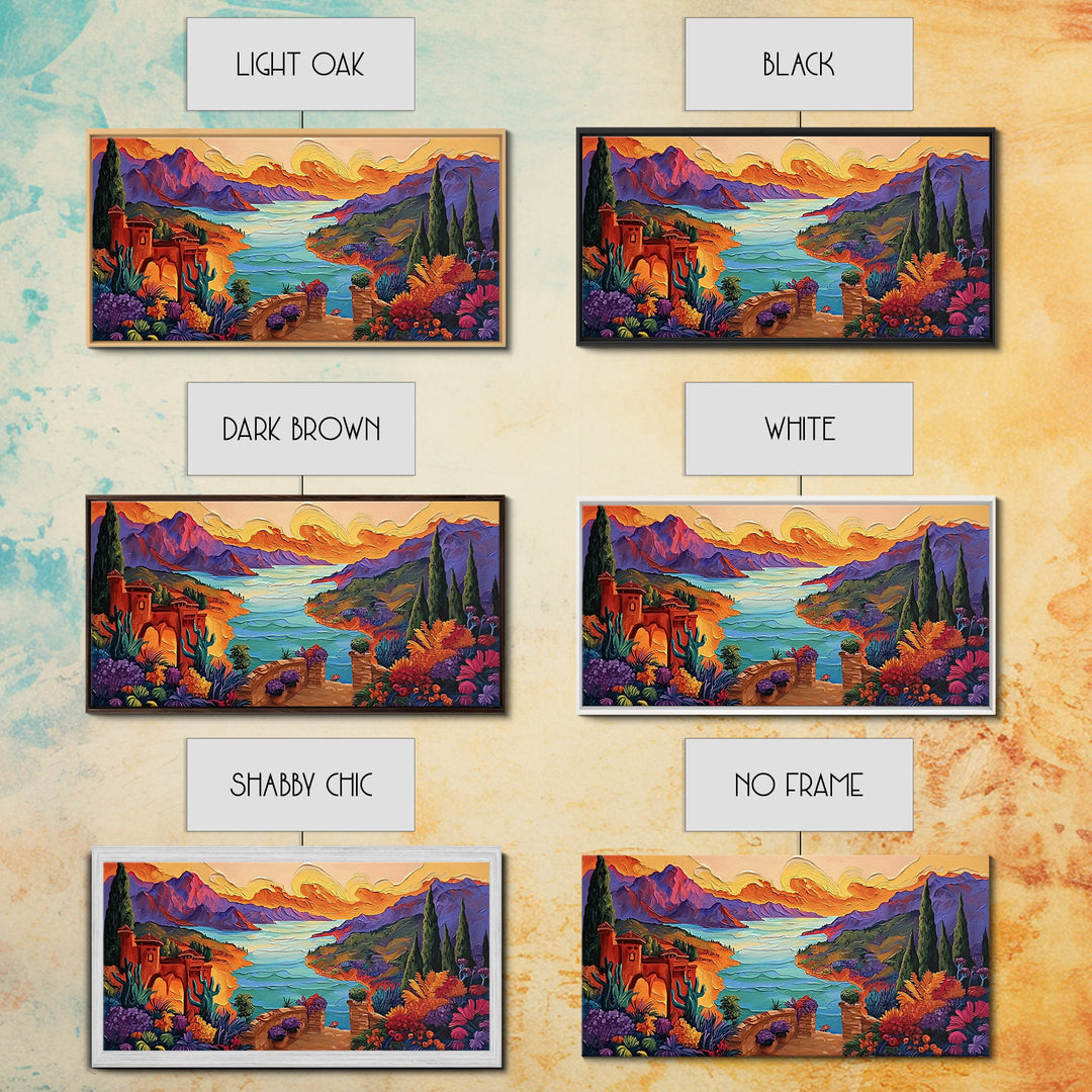 Fantasy Canyon View, Vibrant Mountain Art, Lakeside Sunset, Canvas Print, Mediterranean Decor, Dreamscape Wall Art, Nature Painting
