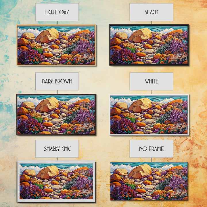 Coastal Garden, Rocks, Framed Canvas Print, Seaside nature landscape wall decor, Kitchen Wall Art, coastal art, vibrant summer vibe