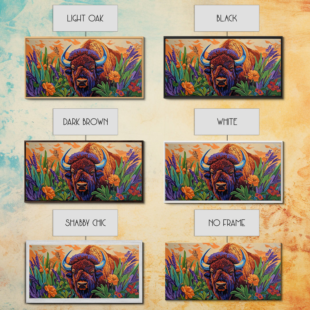 Buffalo Flowers, Bold, Canvas Print, Western bison face art, eclectic boho style, Living Room Wall Art, vibrant wildlife painting