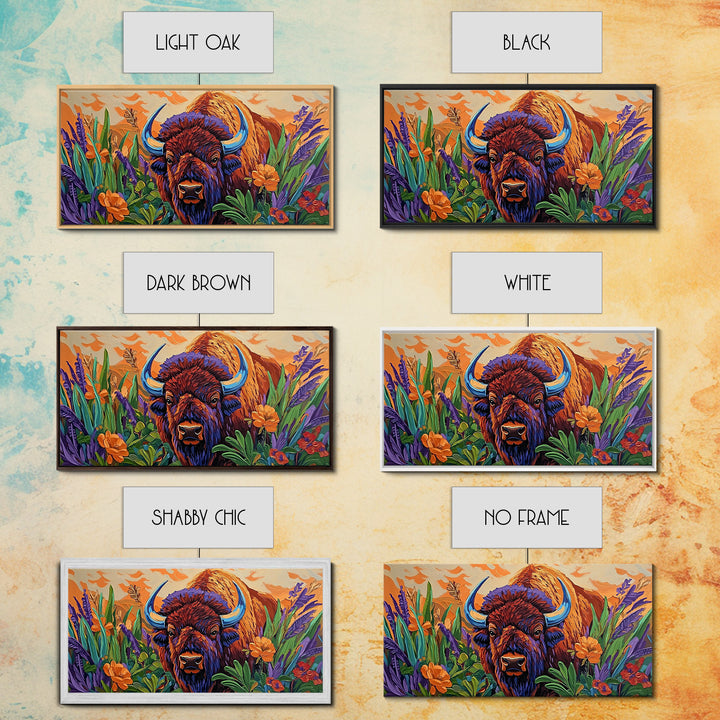 Buffalo Flowers, Bold, Canvas Print, Western bison face art, eclectic boho style, Living Room Wall Art, vibrant wildlife painting
