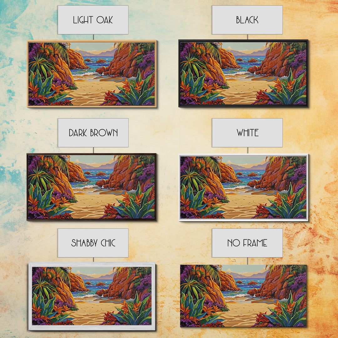 Cove Palms, Beach, Framed Canvas Print, Secluded tropical beach scene, Bedroom Wall Art, boho paradise vibes, coastal summer escape