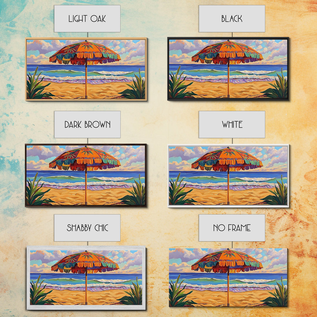 Umbrella Beach, Ocean, Framed Canvas Print, Colorful Beach Umbrella Painting, Retro Coastal Wall Decor, Summer Kitchen Art