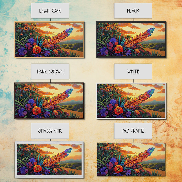 Feather Sunset, Flowers, Nature, Framed Canvas Print, Boho Feather Wall Art, Fall Home Decor, Living Room Autumn Art, Nature Painting