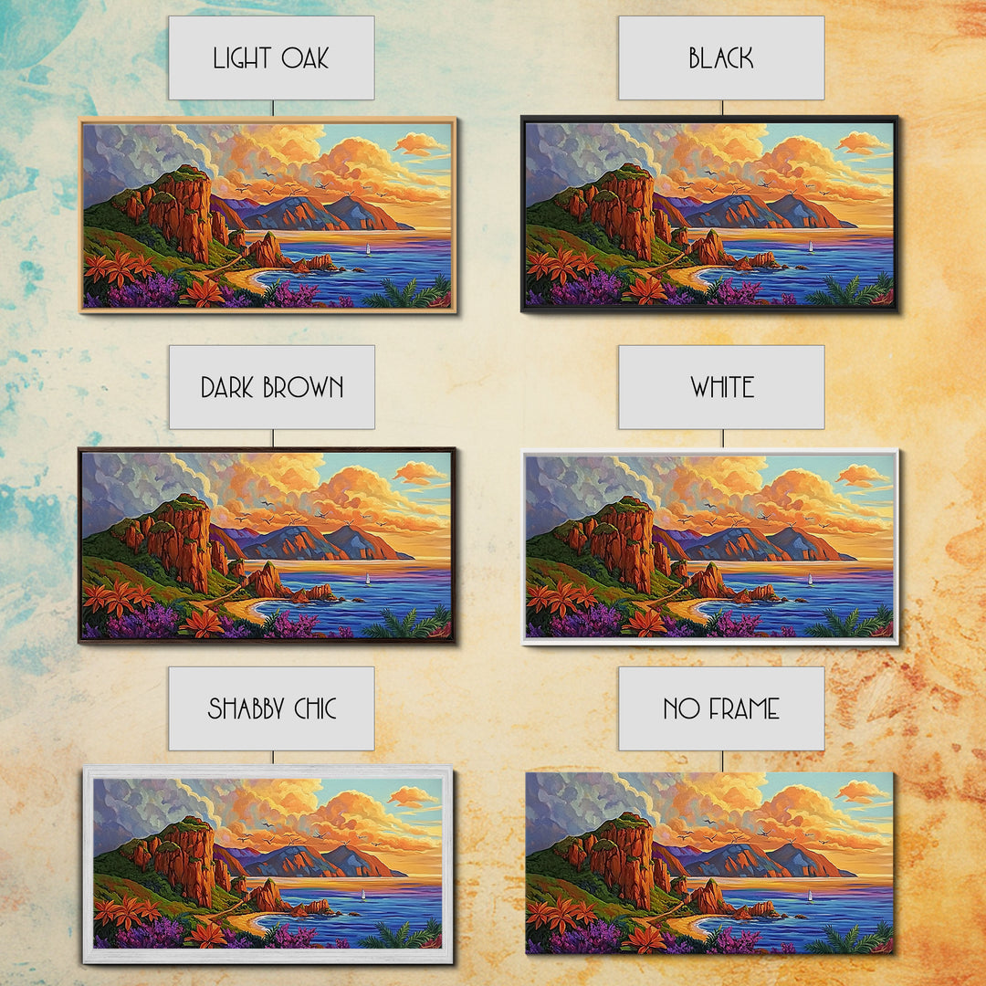 Coastline Mountains, Sunset, Landscape, Framed Canvas Print, Seascape Wall Art, Coastal Decor, Colorful Landscape, Living Room Beach Art