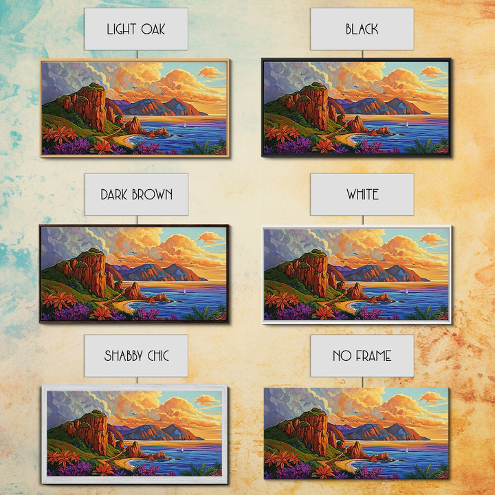 Coastline Mountains, Sunset, Landscape, Framed Canvas Print, Seascape Wall Art, Coastal Decor, Colorful Landscape, Living Room Beach Art