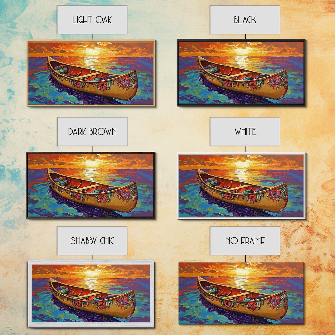 Canoe Sunset, Ocean, Solitude, Framed Canvas Print, Tranquil Beach Wall Art, Summer Decor, Nautical Painting, Living Room Accent