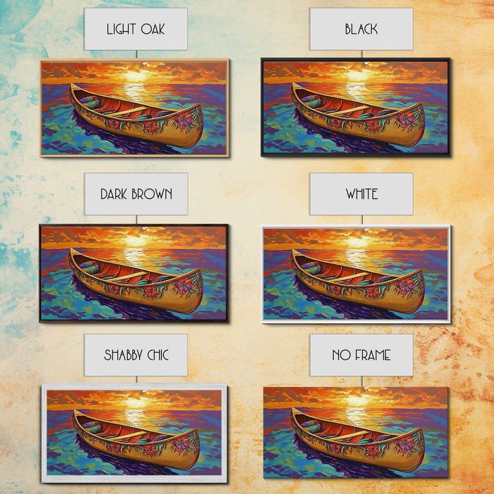 Canoe Sunset, Ocean, Solitude, Framed Canvas Print, Tranquil Beach Wall Art, Summer Decor, Nautical Painting, Living Room Accent