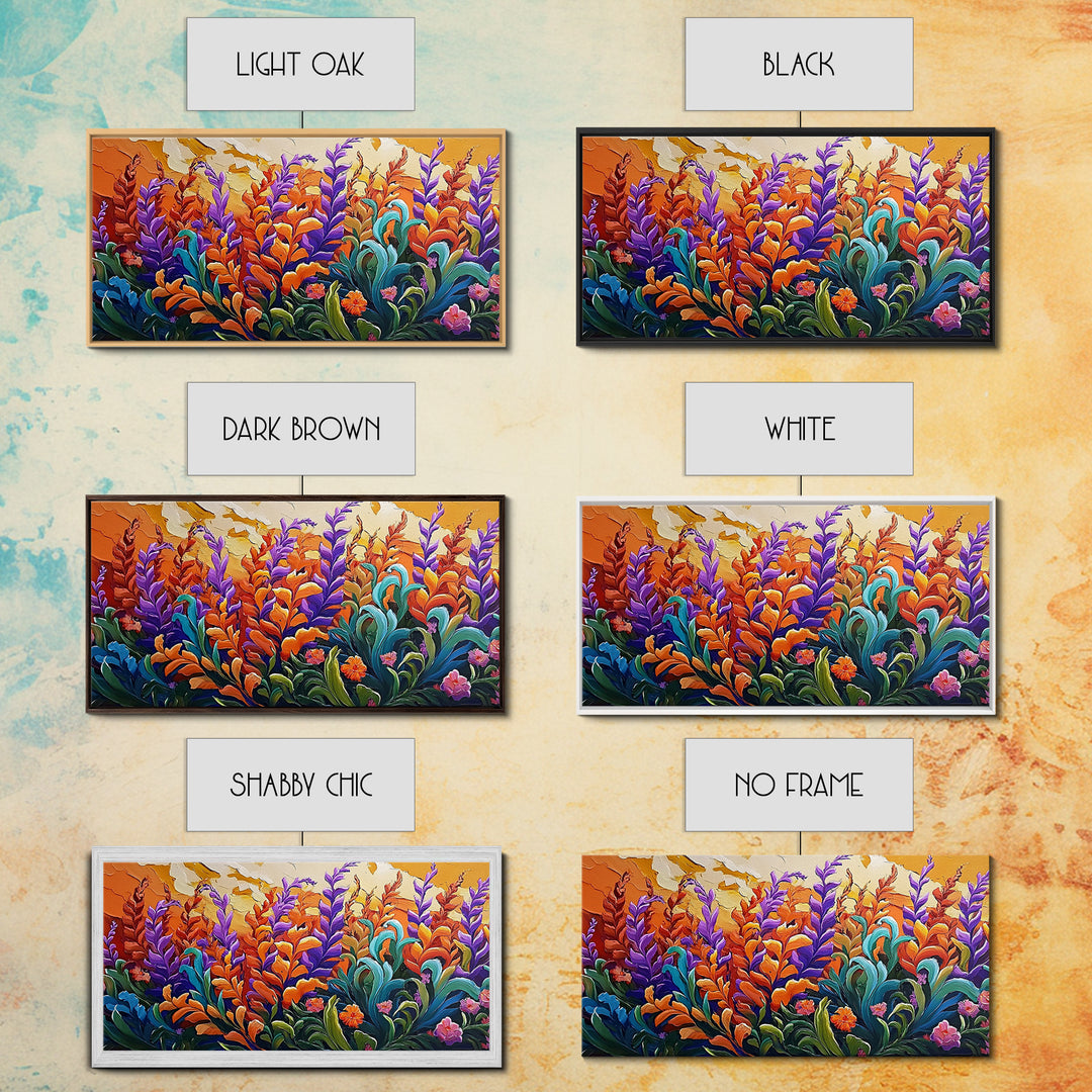 Flowers Sunset, Vibrant, Nature, Framed Canvas Print, Fall Wildflower Art, Boho Floral Wall Decor, Kitchen or Entryway Accent