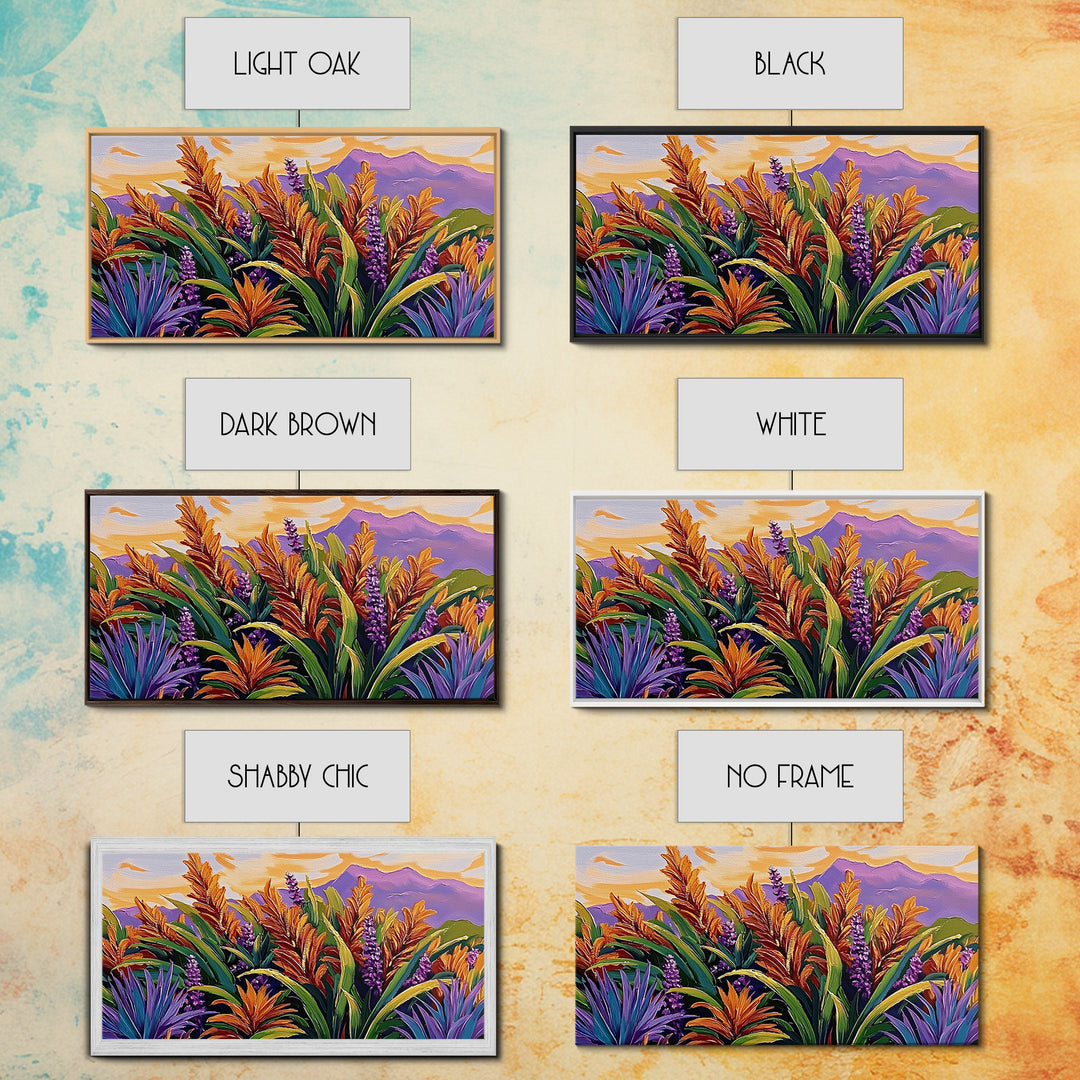 Botanical Sunset, Mountain, Framed Canvas Print, Vibrant Flower Field Painting, Nature Boho Wall Art, Sunset Hallway Decor