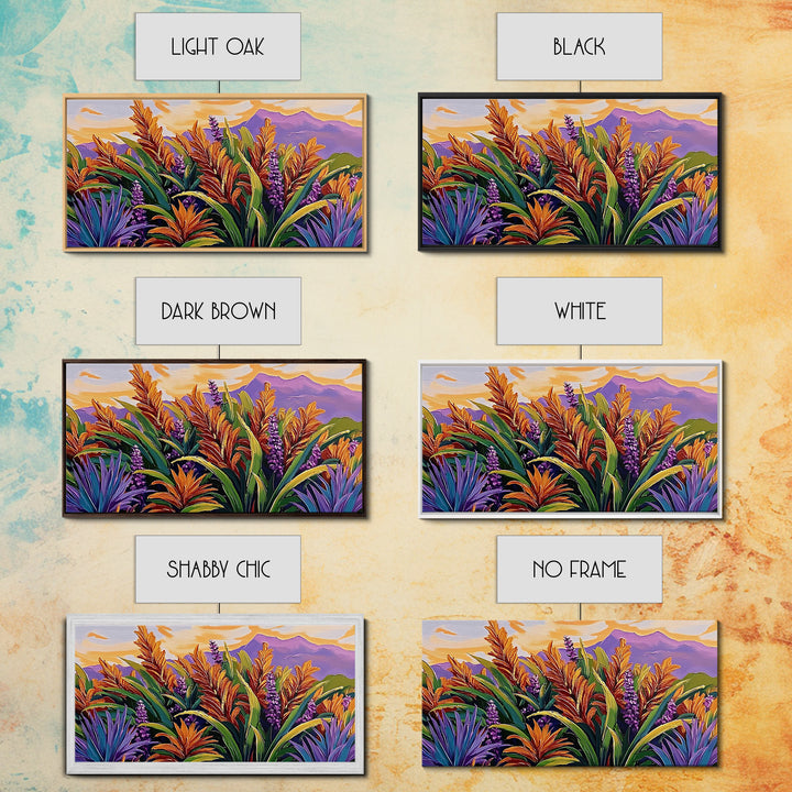 Botanical Sunset, Mountain, Framed Canvas Print, Vibrant Flower Field Painting, Nature Boho Wall Art, Sunset Hallway Decor