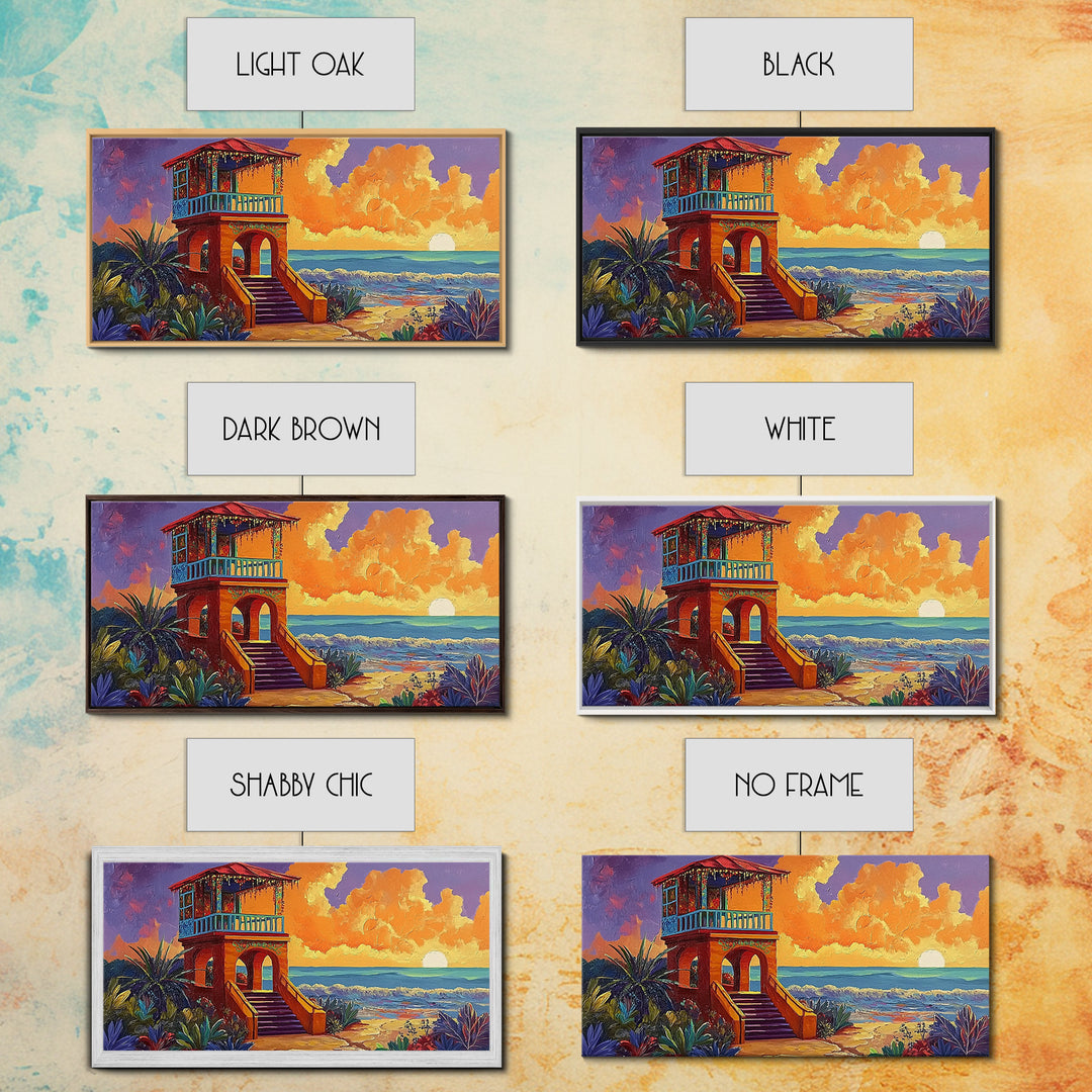 Beach Sunset, Tower, Tropical, Canvas Print, Coastal sunset art, boho beach house decor, vibrant tropical wall art, living room art