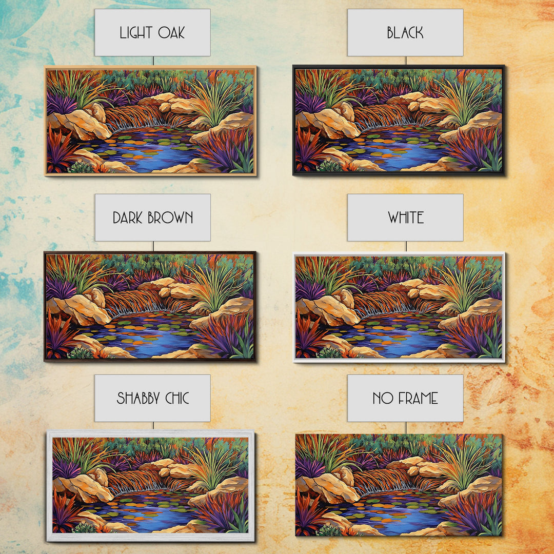 Desert Waterfall, Vibrant, Nature, Framed Canvas Print, desert oasis waterfall, Living Room Wall Art, colorful landscape painting